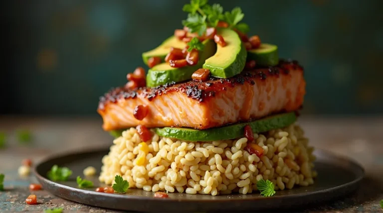 Teriyaki Salmon Avocado Rice Stack