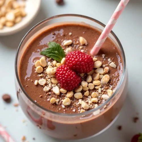 Close-up overhead view of a vibrant Coconut Chocolate Smoothie
