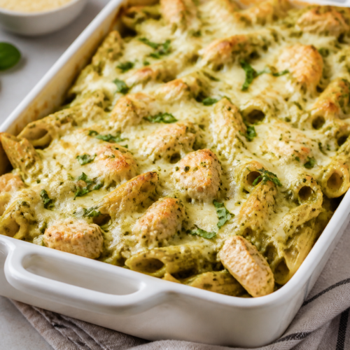 Pesto Chicken Pasta Bake With Melted Mozzarella