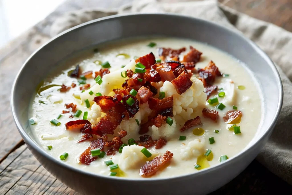 5 Creamy Cauliflower Soup with Crispy Bacon